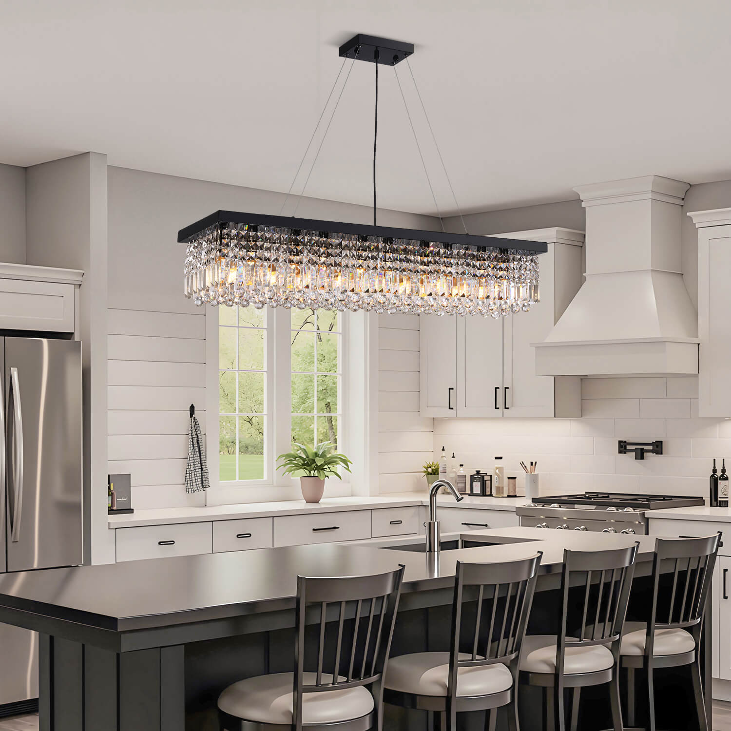 Linear Crystal Chandelier Black Metal Frame Dining Room Kitchen Island Pendant Raindrop E12 Multi-Light Fixture Adjustable Height | Thomler