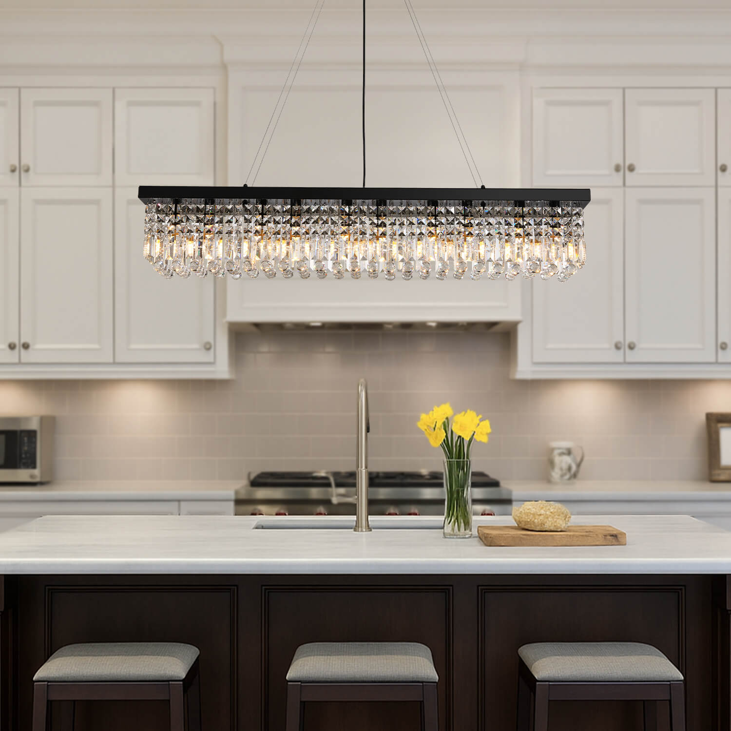 Linear Crystal Chandelier Black Metal Frame Dining Room Kitchen Island Pendant Raindrop E12 Multi-Light Fixture Adjustable Height | Thomler