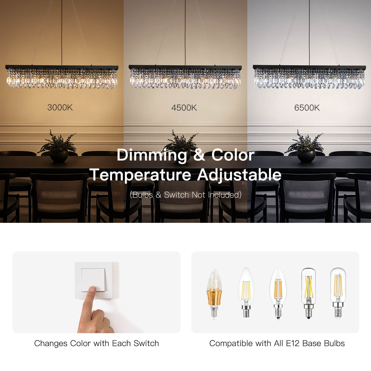 Linear Crystal Chandelier Black Metal Frame Dining Room Kitchen Island Pendant Raindrop E12 Multi-Light Fixture Adjustable Height | Thomler