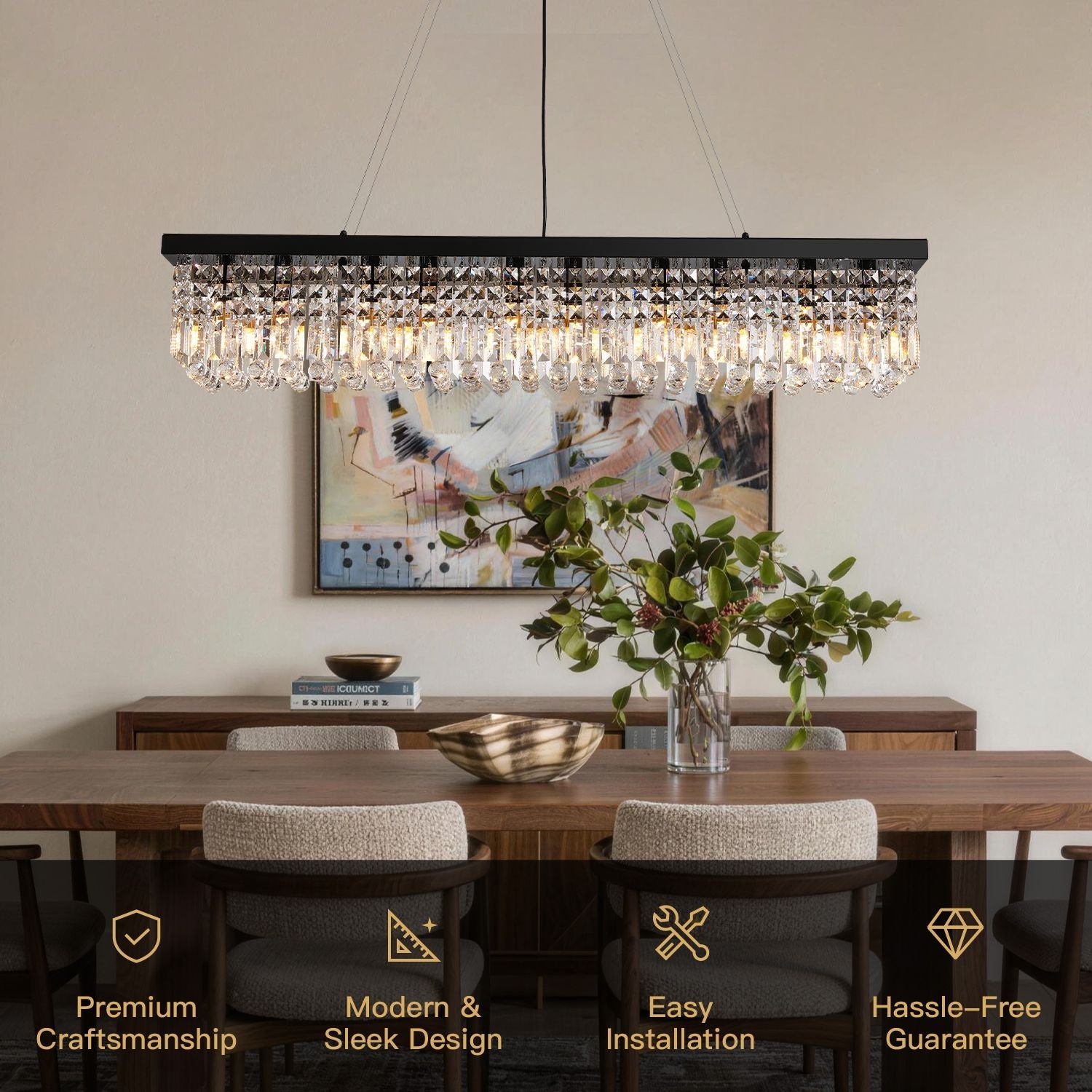 Linear Crystal Chandelier Black Metal Frame Dining Room Kitchen Island Pendant Raindrop E12 Multi-Light Fixture Adjustable Height | Thomler