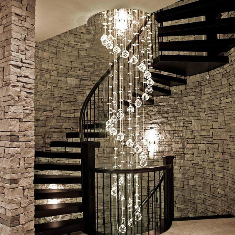Hanging Raindrop Chandelier with Multi-Tier Clear Faceted Beads & Polished Metal Canopy for Foyer & Stairwell | Thomler