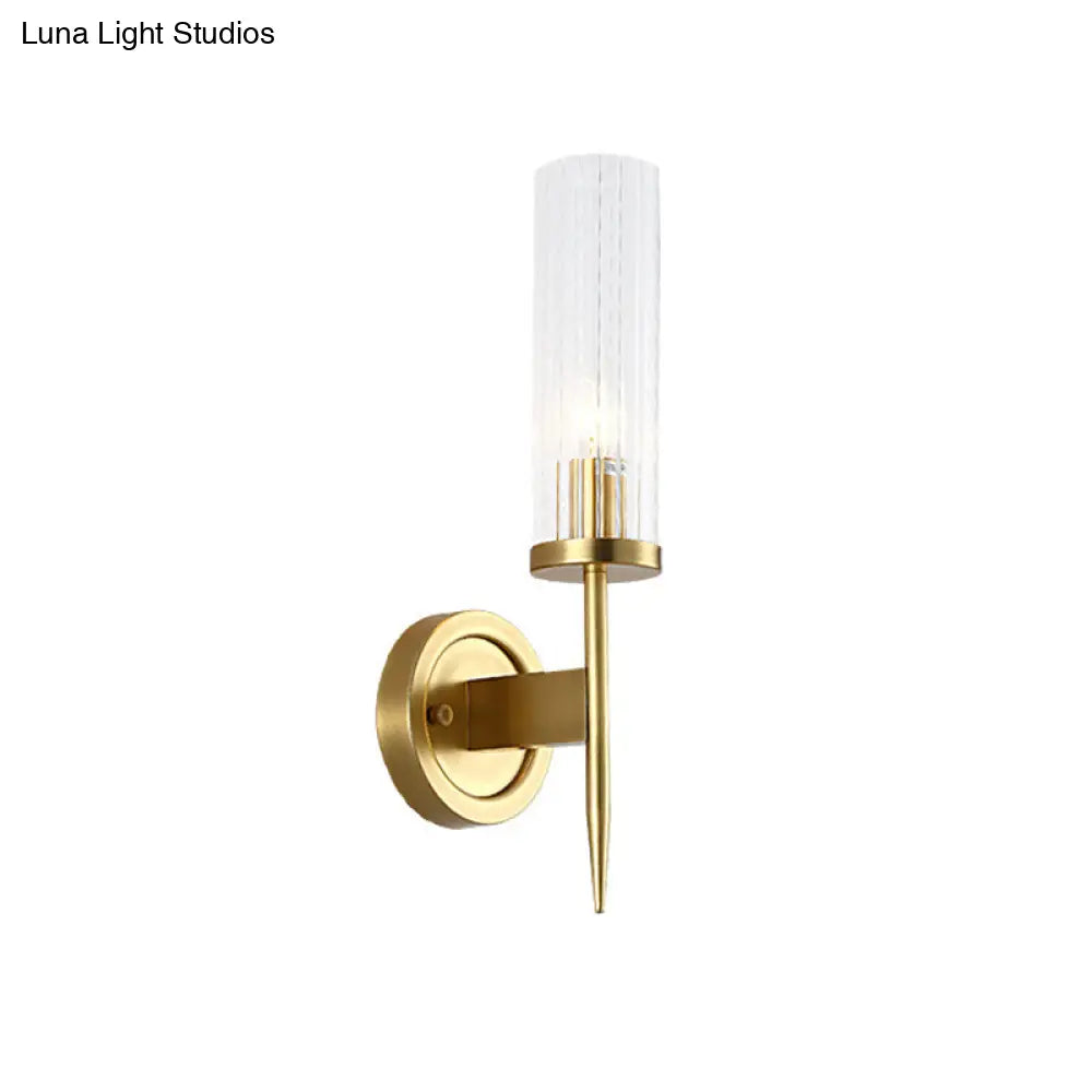 Cylinder Wall Sconce Light Fixture Gold Finish Clear Prism Glass Shade Corner Mount Modern Hallway Bedroom Bathroom Entryway Lighting | Thomler