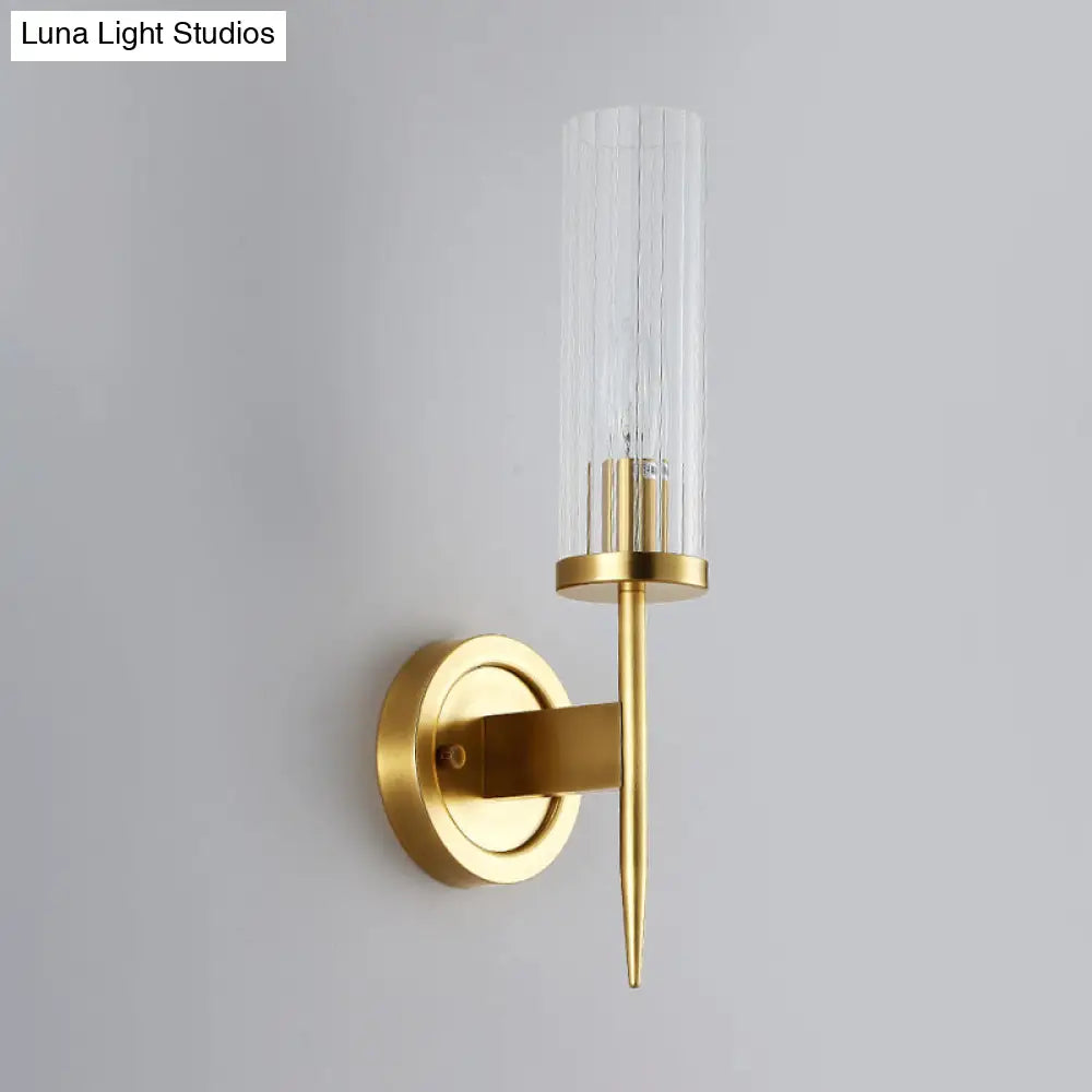 Cylinder Wall Sconce Light Fixture Gold Finish Clear Prism Glass Shade Corner Mount Modern Hallway Bedroom Bathroom Entryway Lighting | Thomler