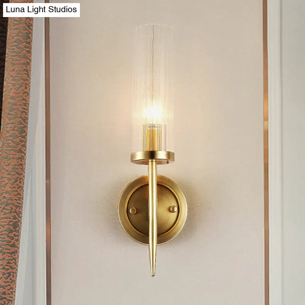 Cylinder Wall Sconce Light Fixture Gold Finish Clear Prism Glass Shade Corner Mount Modern Hallway Bedroom Bathroom Entryway Lighting | Thomler