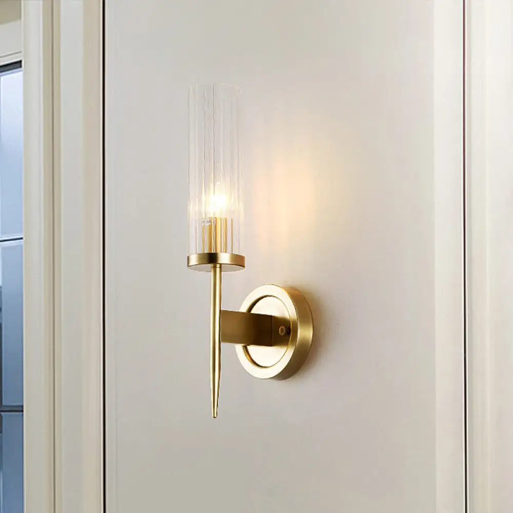Cylinder Wall Sconce Light Fixture Gold Finish Clear Prism Glass Shade Corner Mount Modern Hallway Bedroom Bathroom Entryway Lighting | Thomler