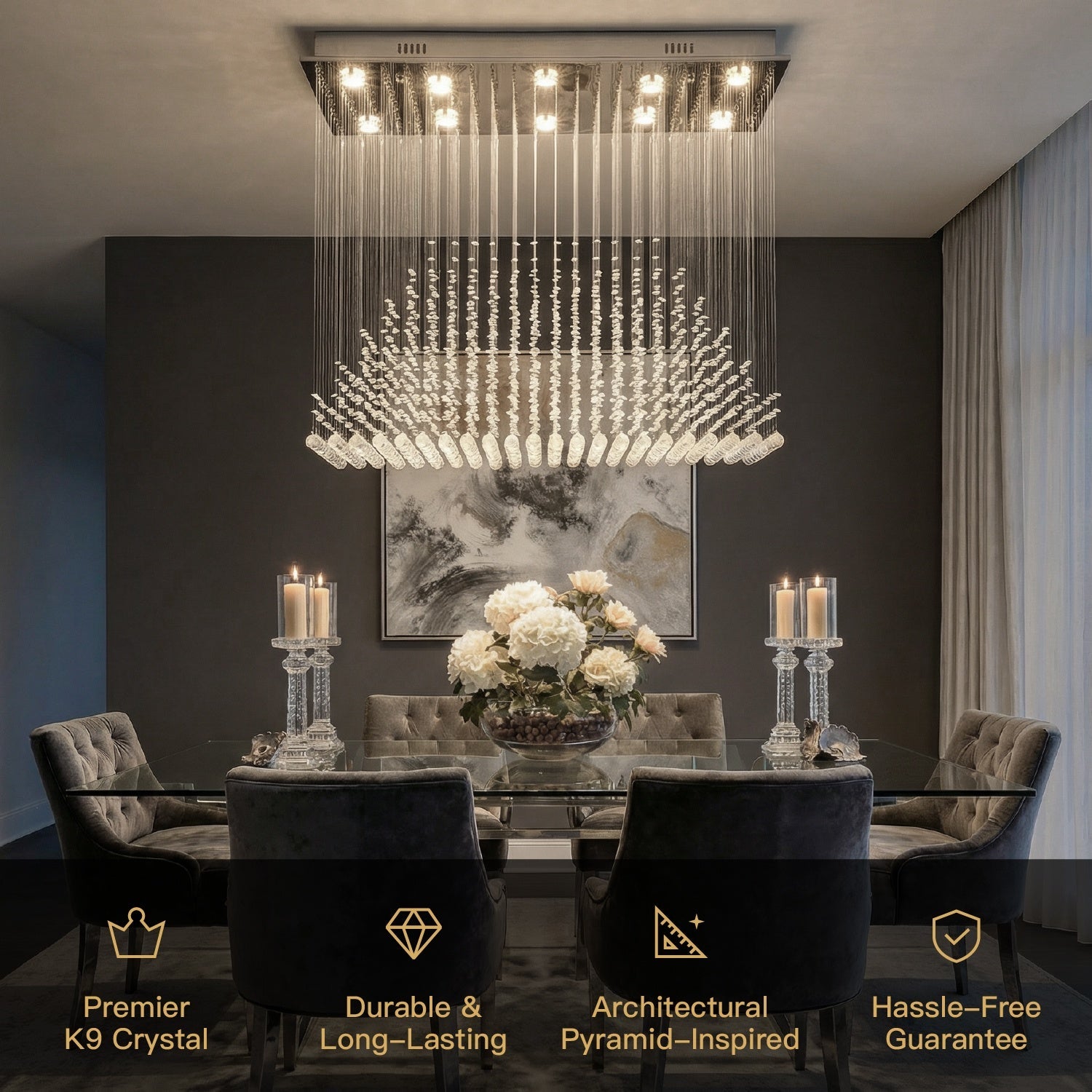 Rectangular Crystal Chandelier with Pyramid Design, 10-Light Stainless Steel Hanging Fixture for Dining Room, Kitchen Island & Living Room | Thomler