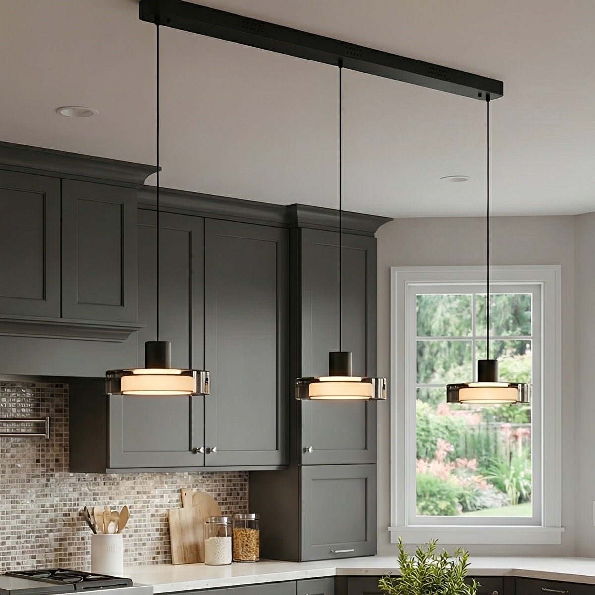 Pendant Light Glass 80.0 cm Black Kitchen Island Dimmable Dining Room Hanging Ceiling Lamp | Thomler