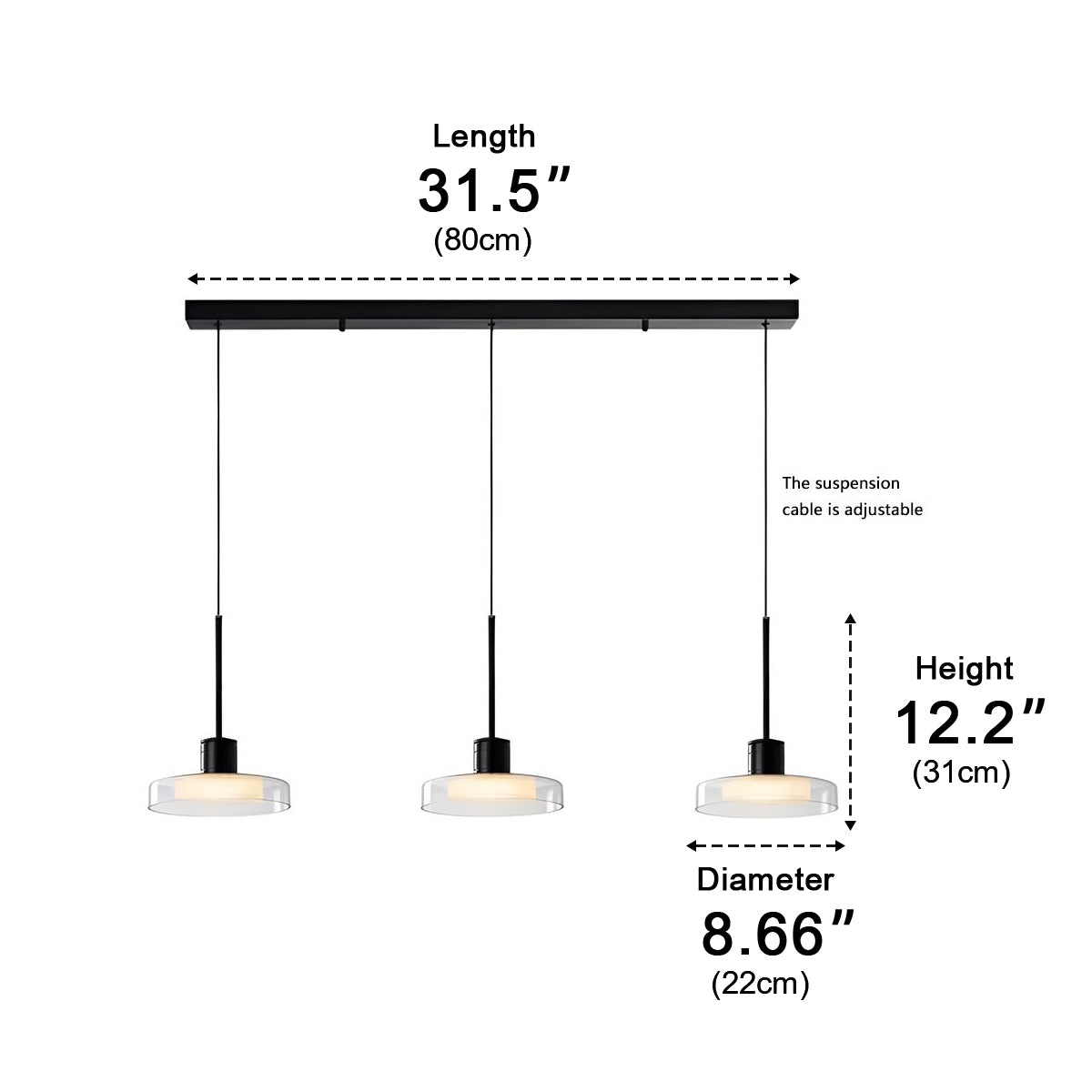 Pendant Light Glass 80.0 cm Black Kitchen Island Dimmable Dining Room Hanging Ceiling Lamp | Thomler