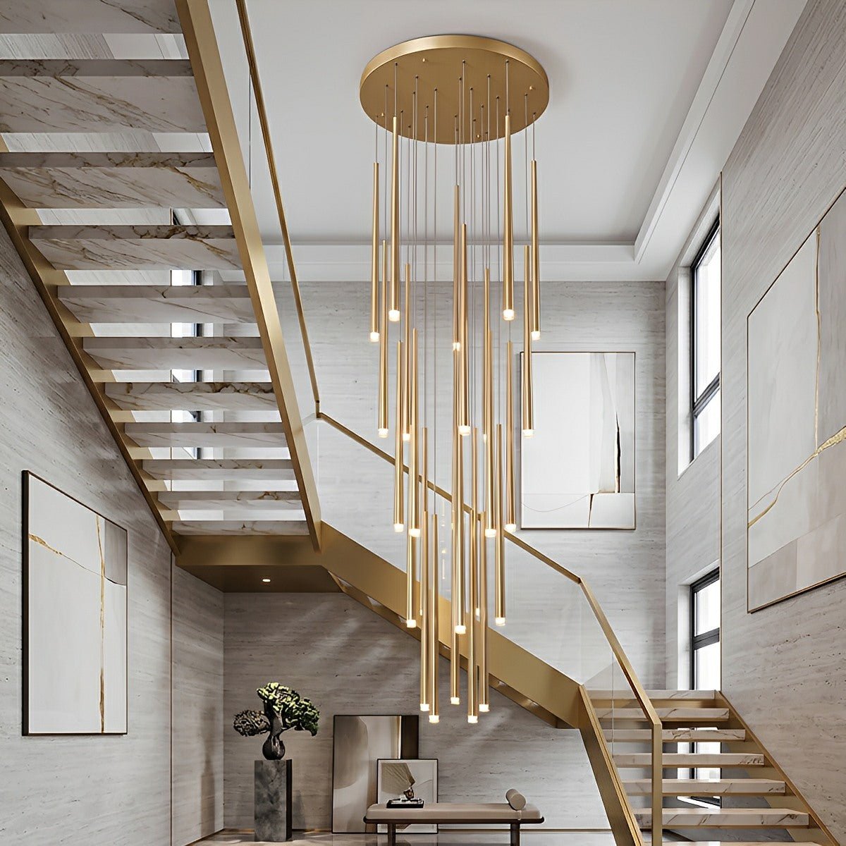 Cascading Tube Pendant Light for Staircase & High Ceilings – Dimmable LED Multi-Drop Foyer Chandelier | Thomler