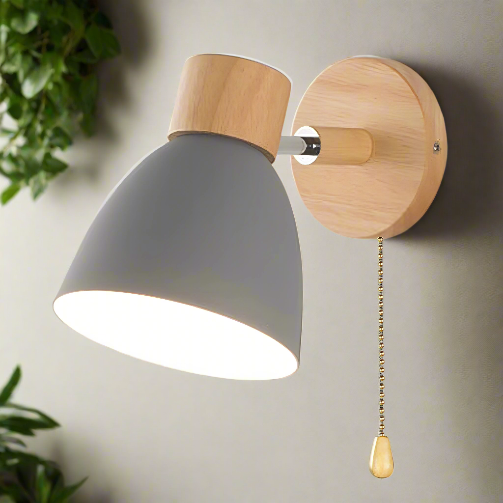 Wood & Metal Wall Sconce with Pull Chain for Bedroom, Living Room, Hallway — Simple Warm-Tone Accent Light | Thomler