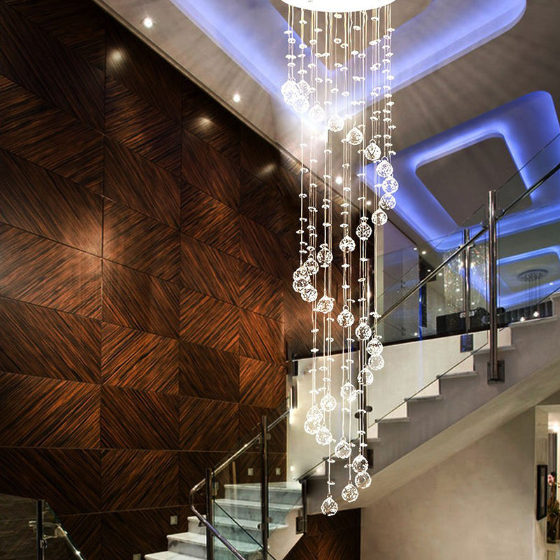 Hanging Raindrop Chandelier with Multi-Tier Clear Faceted Beads & Polished Metal Canopy for Foyer & Stairwell | Thomler