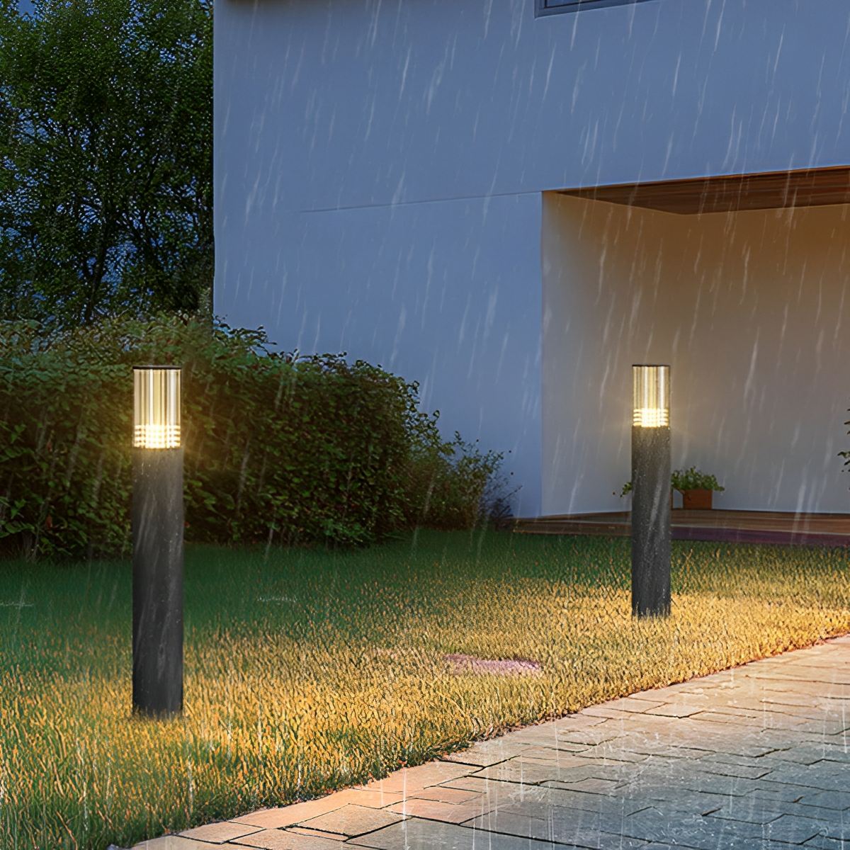 Black Aluminum LED Column Bollard for Pathway & Driveway Lighting – IP65 Weather Resistant, 3000K Glow, 7W Hardwired, for Garden Yard Villa | Thomler