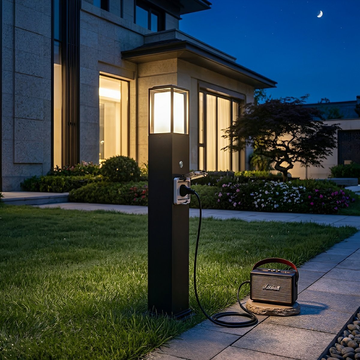 Dual-Purpose Bollard Stake Fixture with Integrated Power Socket for Yards & Gardens | Thomler
