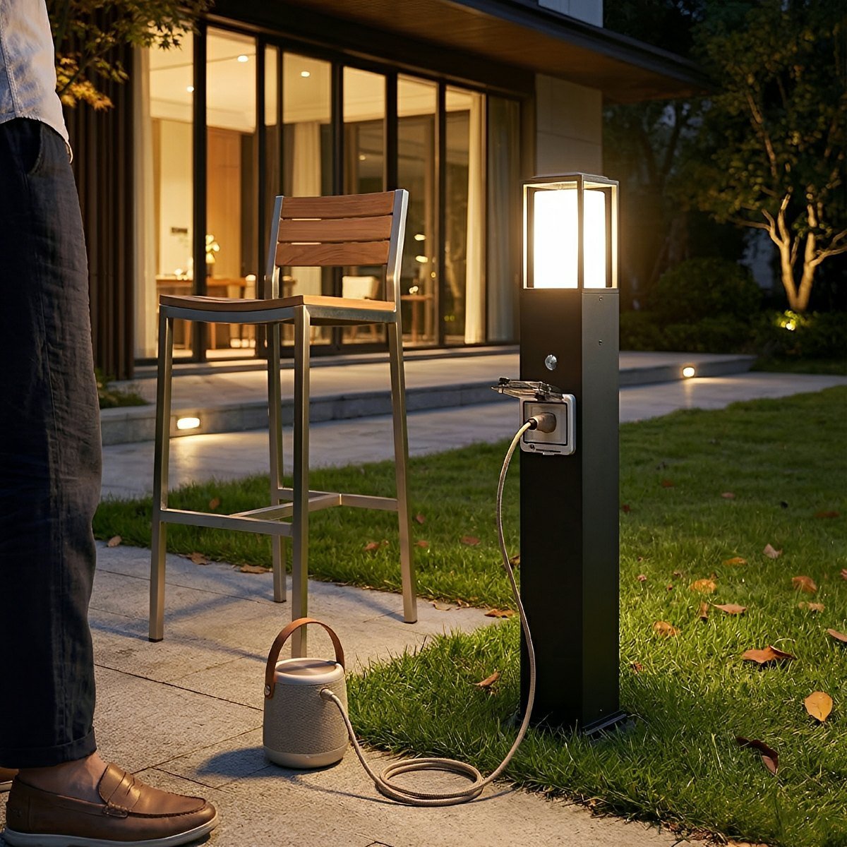 Dual-Purpose Bollard Stake Fixture with Integrated Power Socket for Yards & Gardens | Thomler