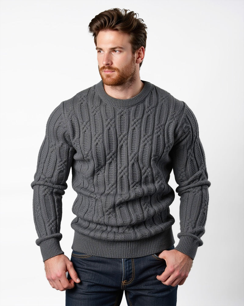 Cable Knit Crewneck Pullover Sweater for Men – Textured Ribbed Design, Layering Essential for Fall & Winter | Thomler