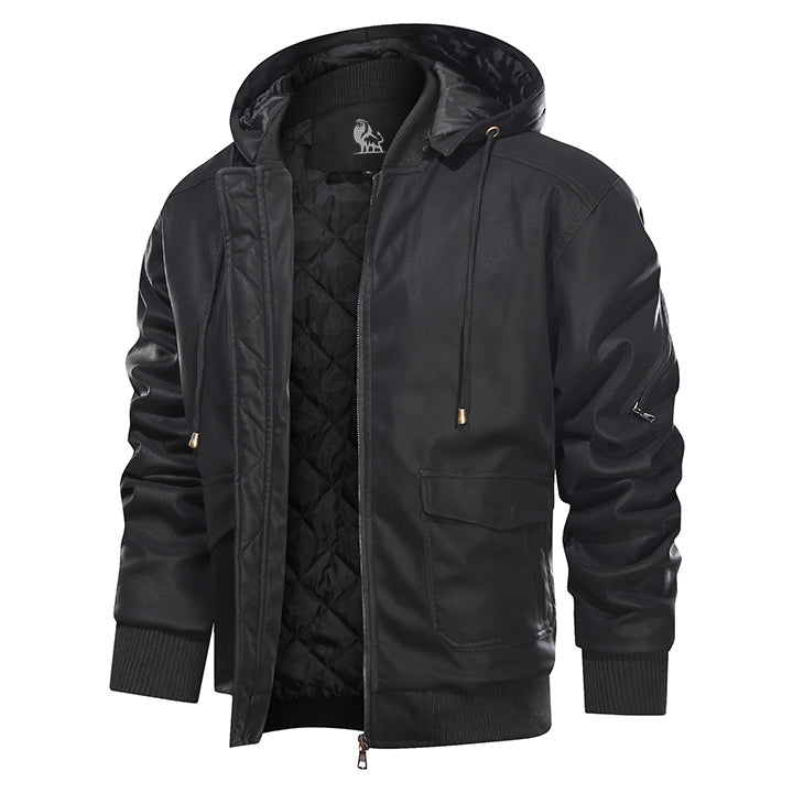Hooded Faux Leather Jacket with Removable Hood – Waterproof Motorcycle Jacket for Men | Thomler