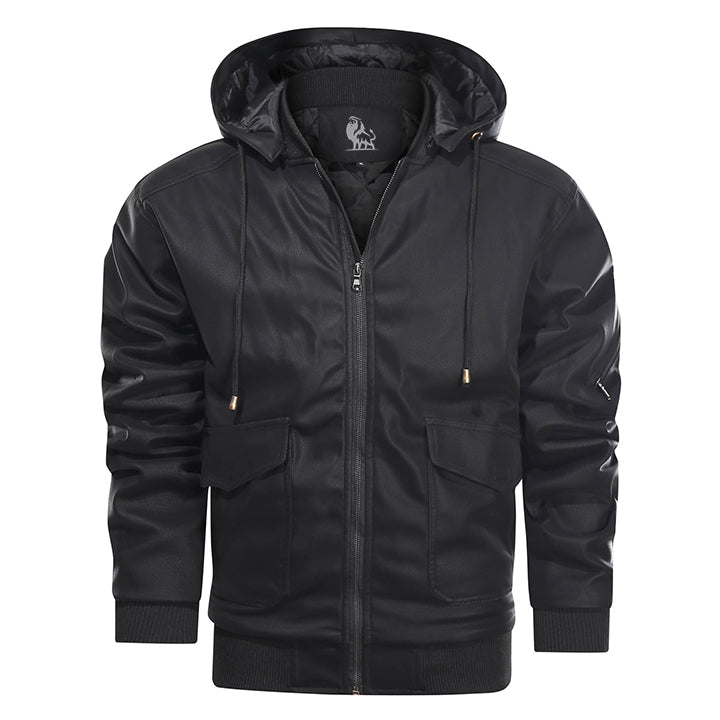 Hooded Faux Leather Jacket with Removable Hood – Waterproof Motorcycle Jacket for Men | Thomler