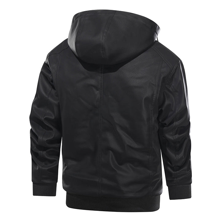 Hooded Faux Leather Jacket with Removable Hood – Waterproof Motorcycle Jacket for Men | Thomler