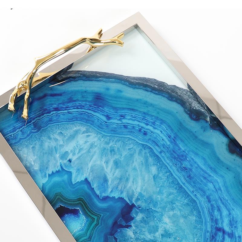 Serving Tray Glass Stainless Steel 16 in Blue Agate Pattern Dining Coffee Table Decorative Rectangle Round Display Platter | Thomler