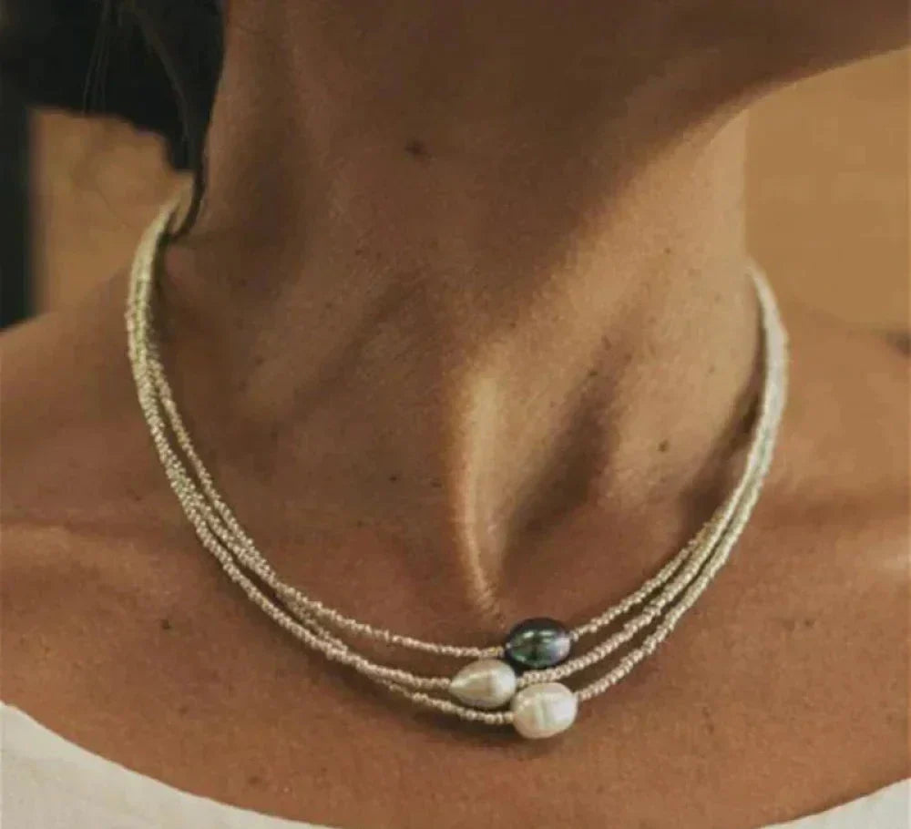 Faux Pearl Necklace with Crystal Accents – Polished Metal Setting – Women's Statement Jewelry for Everyday & Special Occasions | Thomler