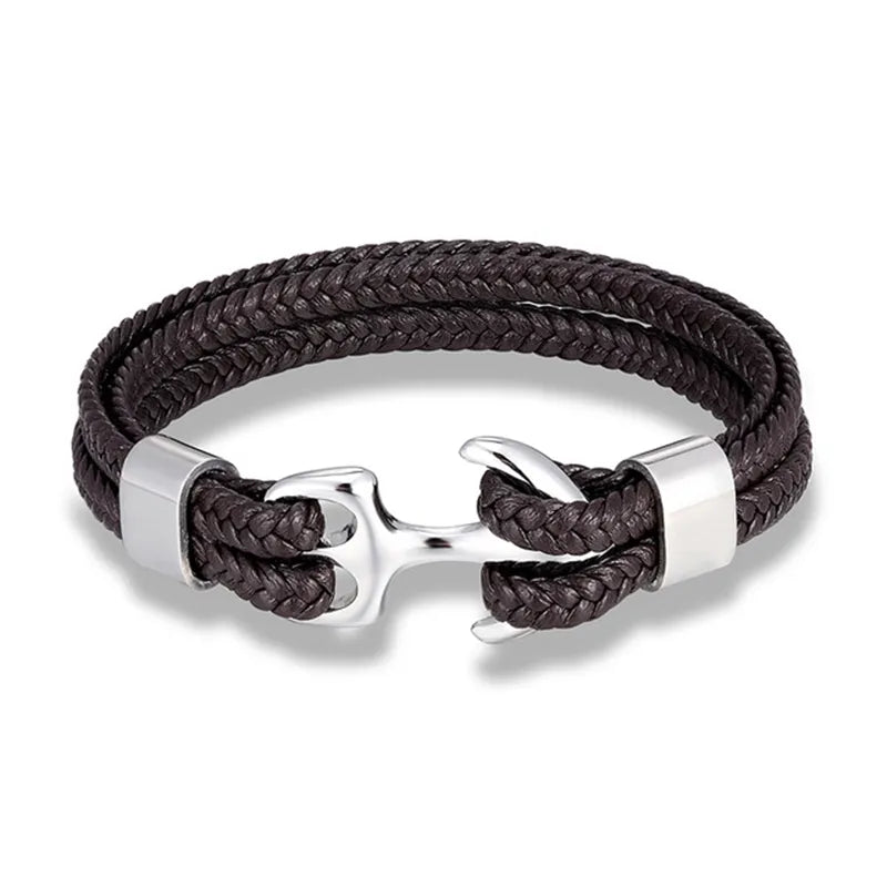 Leather Wrist Band with Marine Anchor Charm for Men | Adjustable Strap Accessory for Casual & Dressy Wear | Stainless Steel Hardware | Thomler