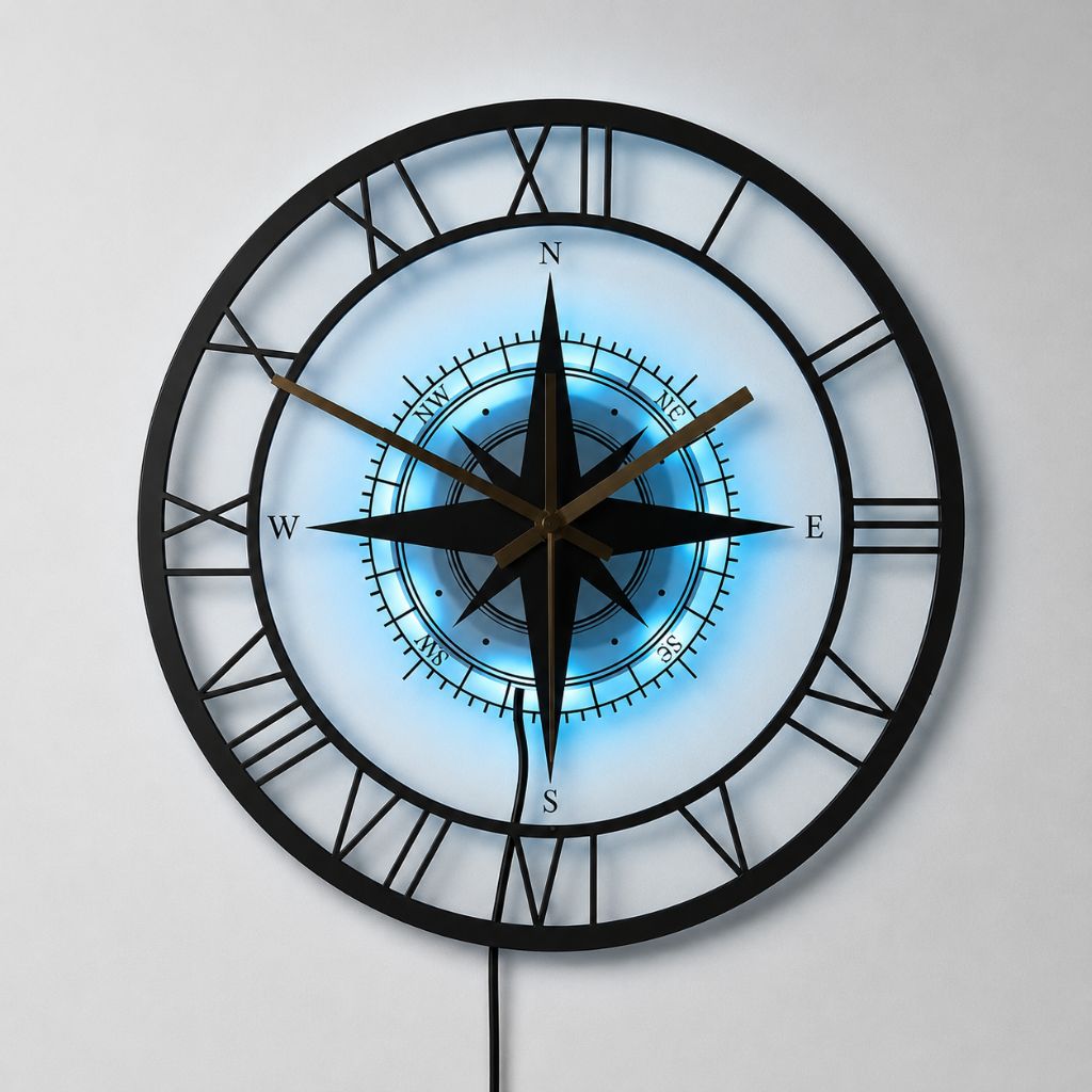 Silent Wall Clock with Wind Rose Design for Home – 12 Inch Round Modern Timepiece – Coastal Decor for Living Room, Kitchen, Study | Thomler