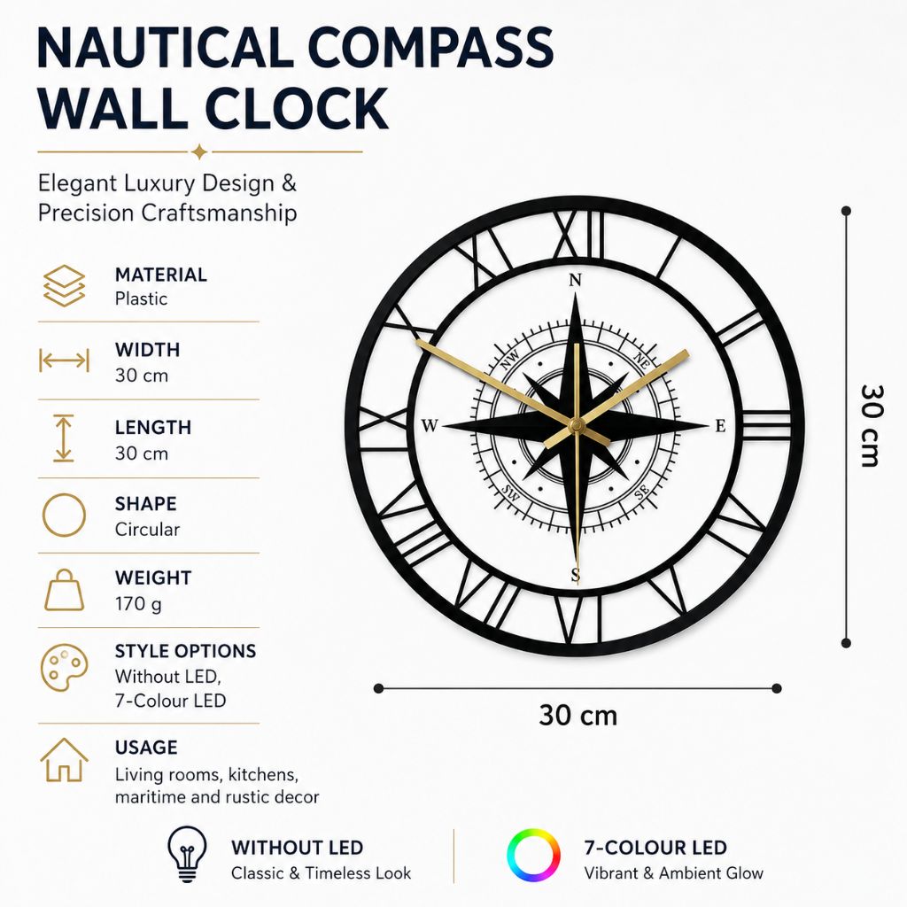 Silent Wall Clock with Wind Rose Design for Home – 12 Inch Round Modern Timepiece – Coastal Decor for Living Room, Kitchen, Study | Thomler