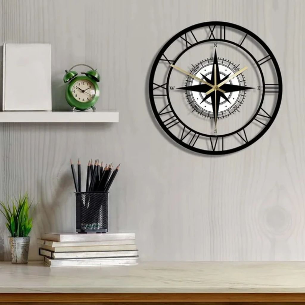 Silent Wall Clock with Wind Rose Design for Home – 12 Inch Round Modern Timepiece – Coastal Decor for Living Room, Kitchen, Study | Thomler