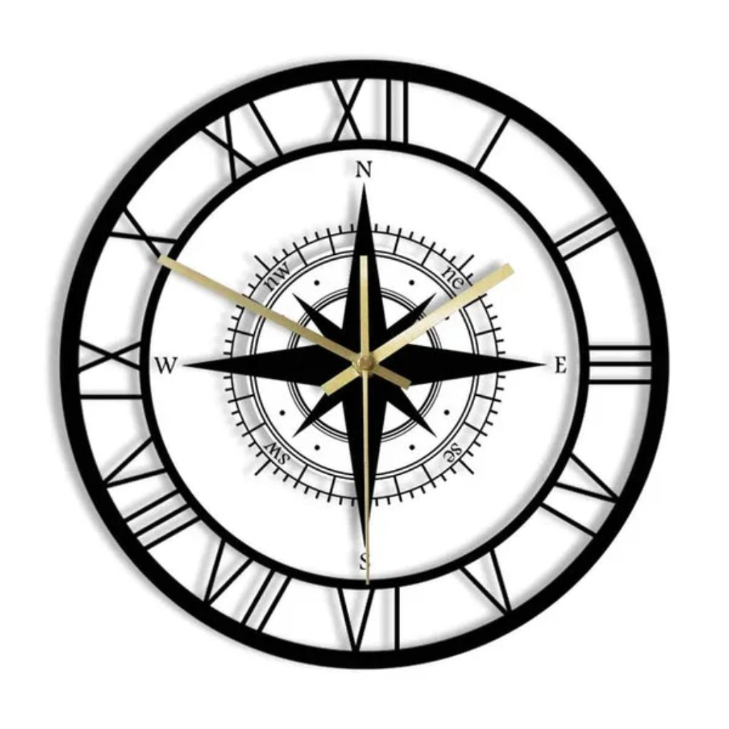 Silent Wall Clock with Wind Rose Design for Home – 12 Inch Round Modern Timepiece – Coastal Decor for Living Room, Kitchen, Study | Thomler