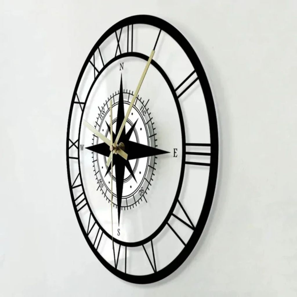 Silent Wall Clock with Wind Rose Design for Home – 12 Inch Round Modern Timepiece – Coastal Decor for Living Room, Kitchen, Study | Thomler