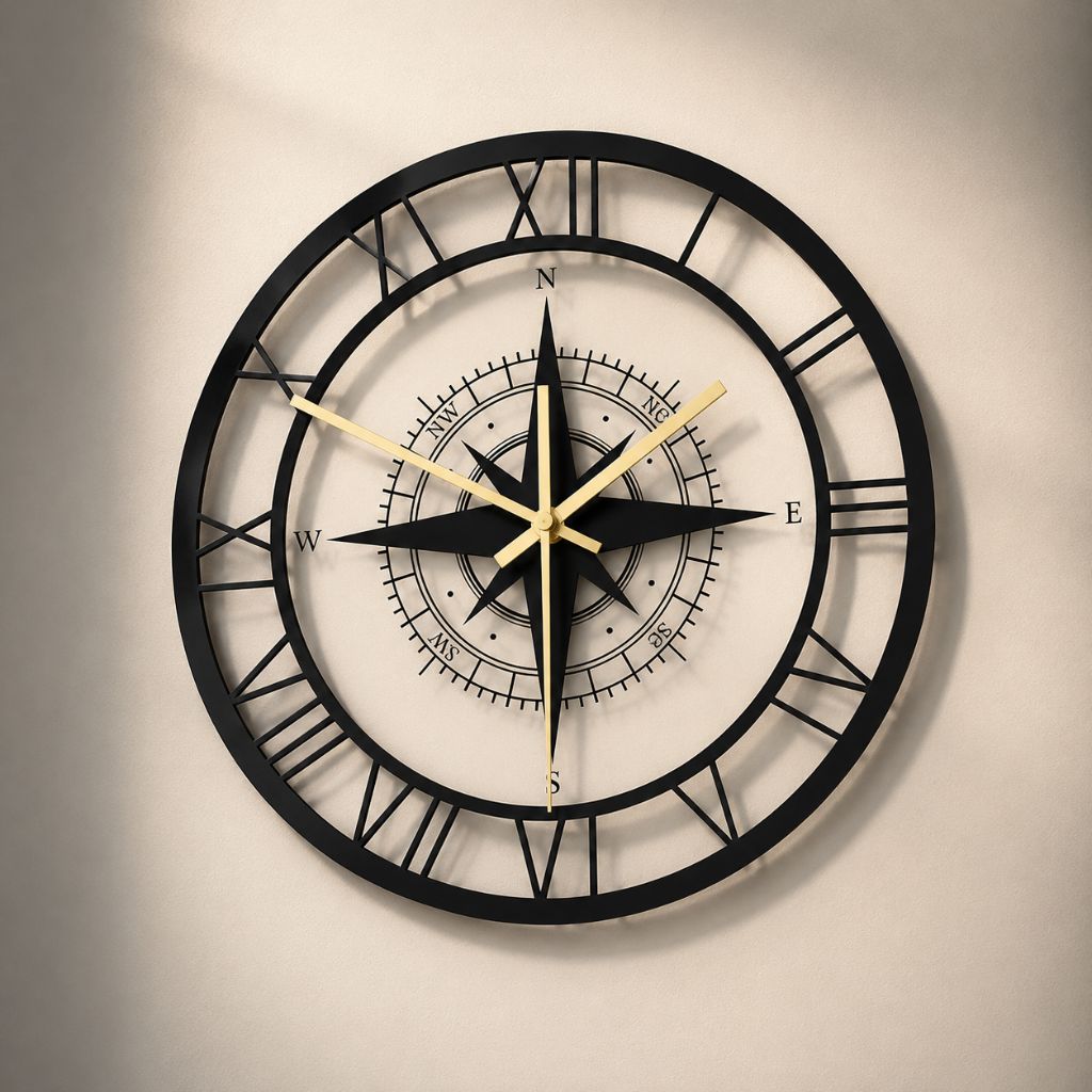 Silent Wall Clock with Wind Rose Design for Home – 12 Inch Round Modern Timepiece – Coastal Decor for Living Room, Kitchen, Study | Thomler