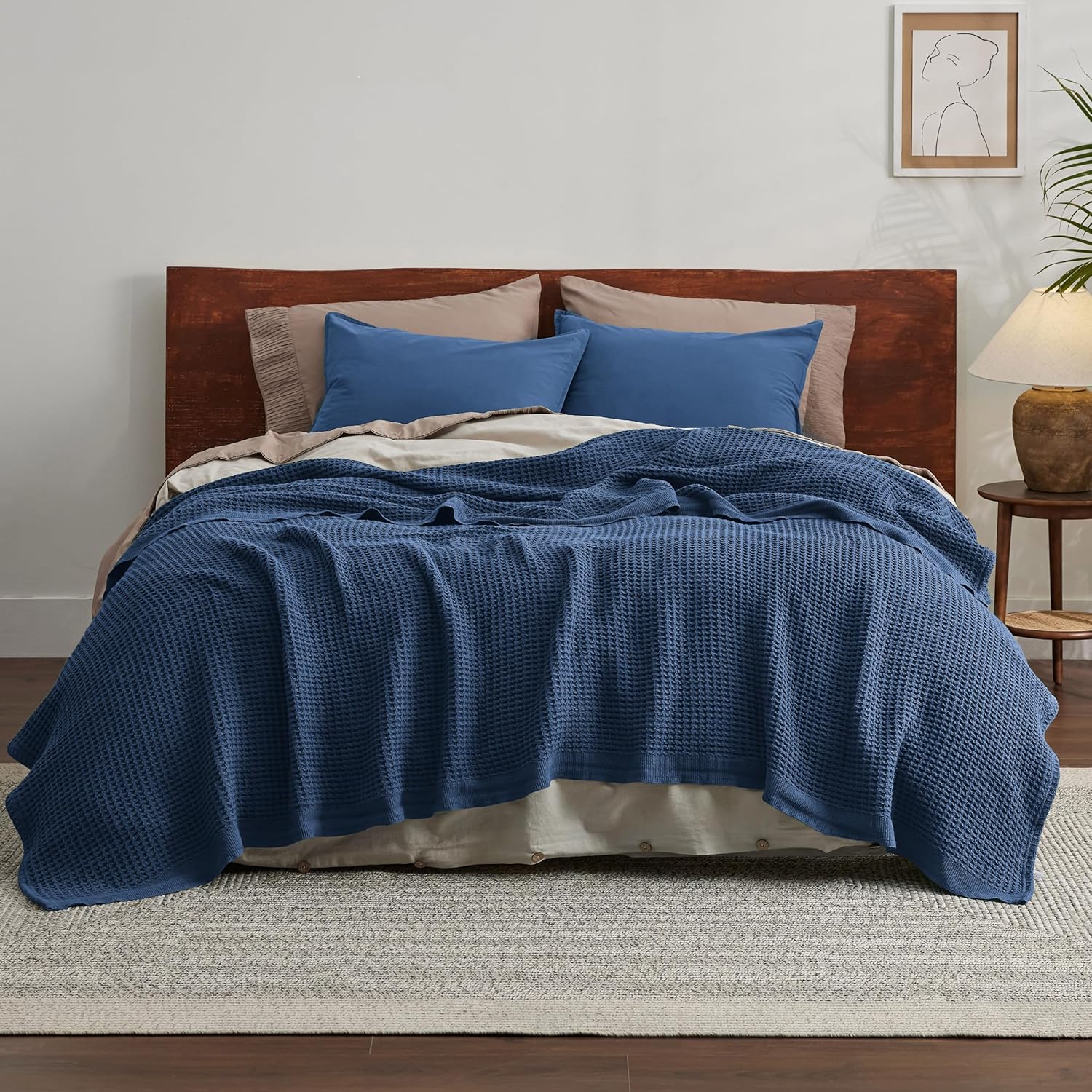 100% Cotton Waffle Weave Throw Blanket Queen King Breathable Lightweight Bed Cover for All Seasons Couch Sofa Bedroom Layering Textured | Thomler