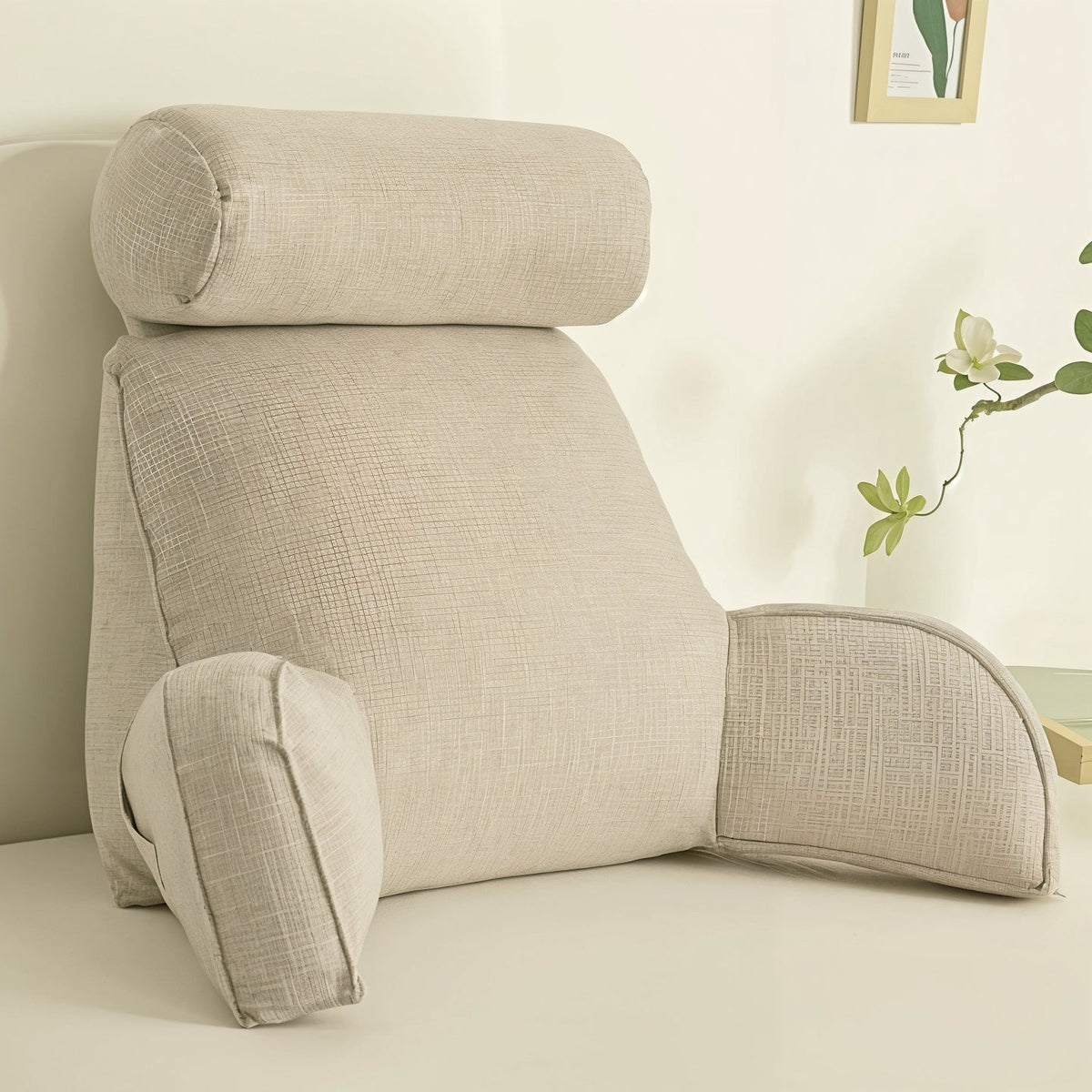 Adjustable Backrest Cushion with Movable Headrest & Side Pocket for Bed or Couch | Thomler