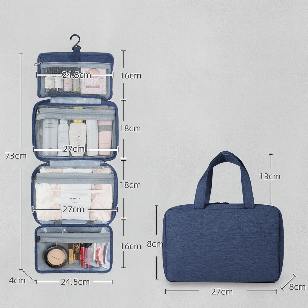 Compact Roll-Up Travel Toiletry Organizer with Hook & Clear Compartments for Bathroom Essentials | Thomler