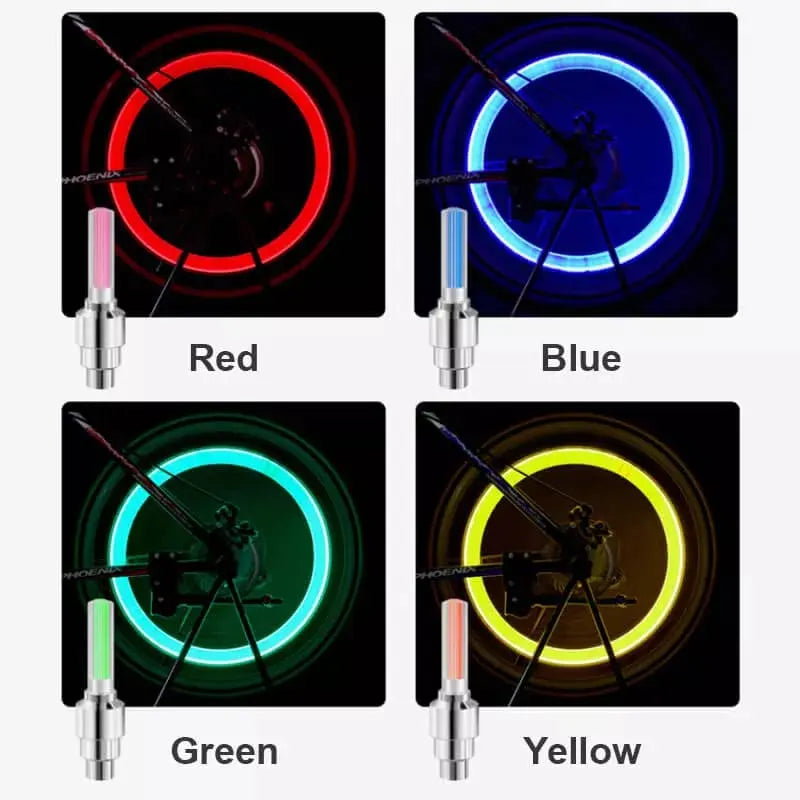 Vibration-Sensing Tire Valve Cap Lights for Bikes & Motorcycles – Auto-On LED Wheel Markers in Red, Blue, Yellow, Green for Nighttime | Thomler
