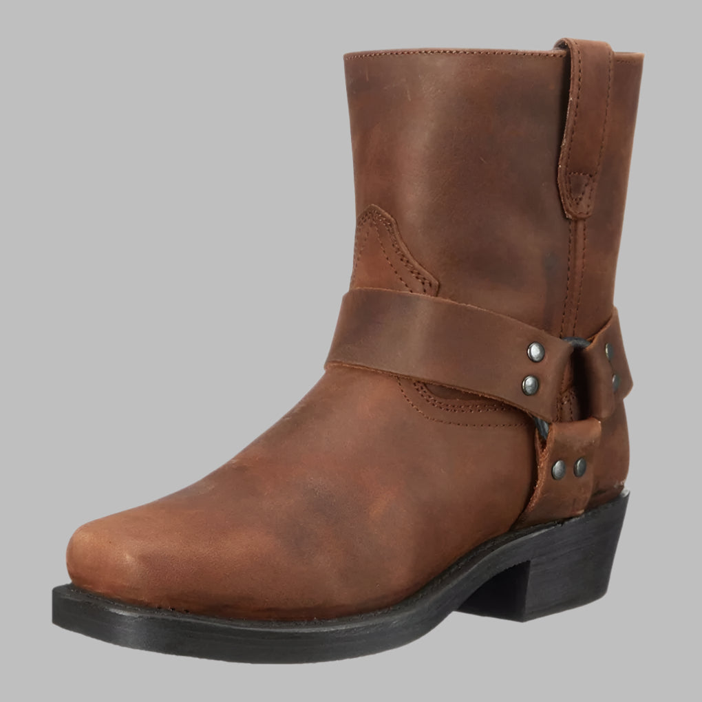 Men's Slip-On Western Harness Boots – Genuine Leather, Low Heel, Mid-Calf Height for Casual & Outdoor Wear | Thomler