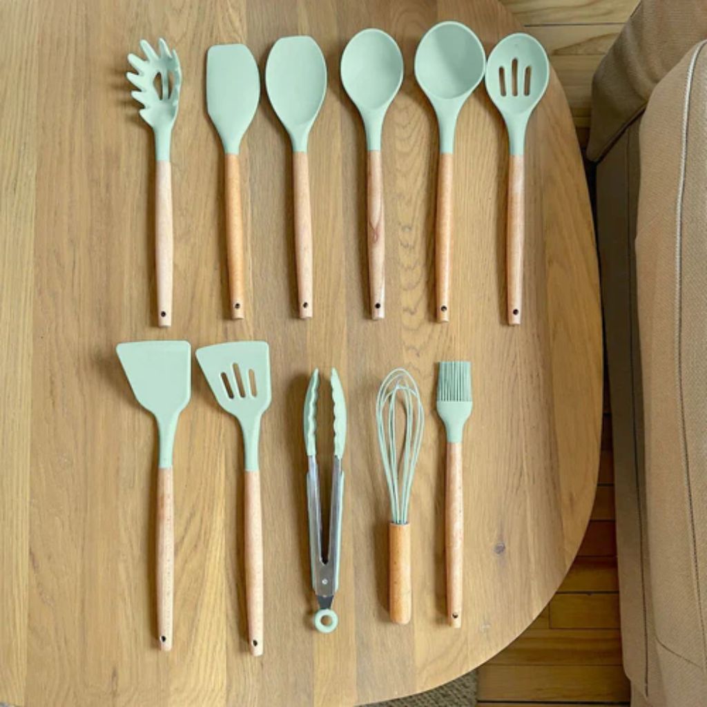 11-Piece Silicone Kitchen Utensil Set with Natural Wood Handles – Heat-Safe to 450°F, Dishwasher Safe, Non-Stick Friendly Tool Kit for | Thomler