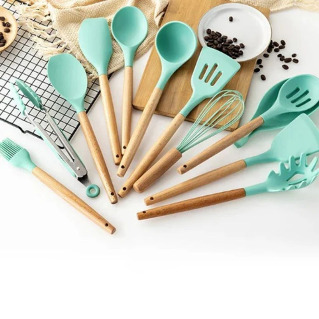 11-Piece Silicone Kitchen Utensil Set with Natural Wood Handles – Heat-Safe to 450°F, Dishwasher Safe, Non-Stick Friendly Tool Kit for | Thomler