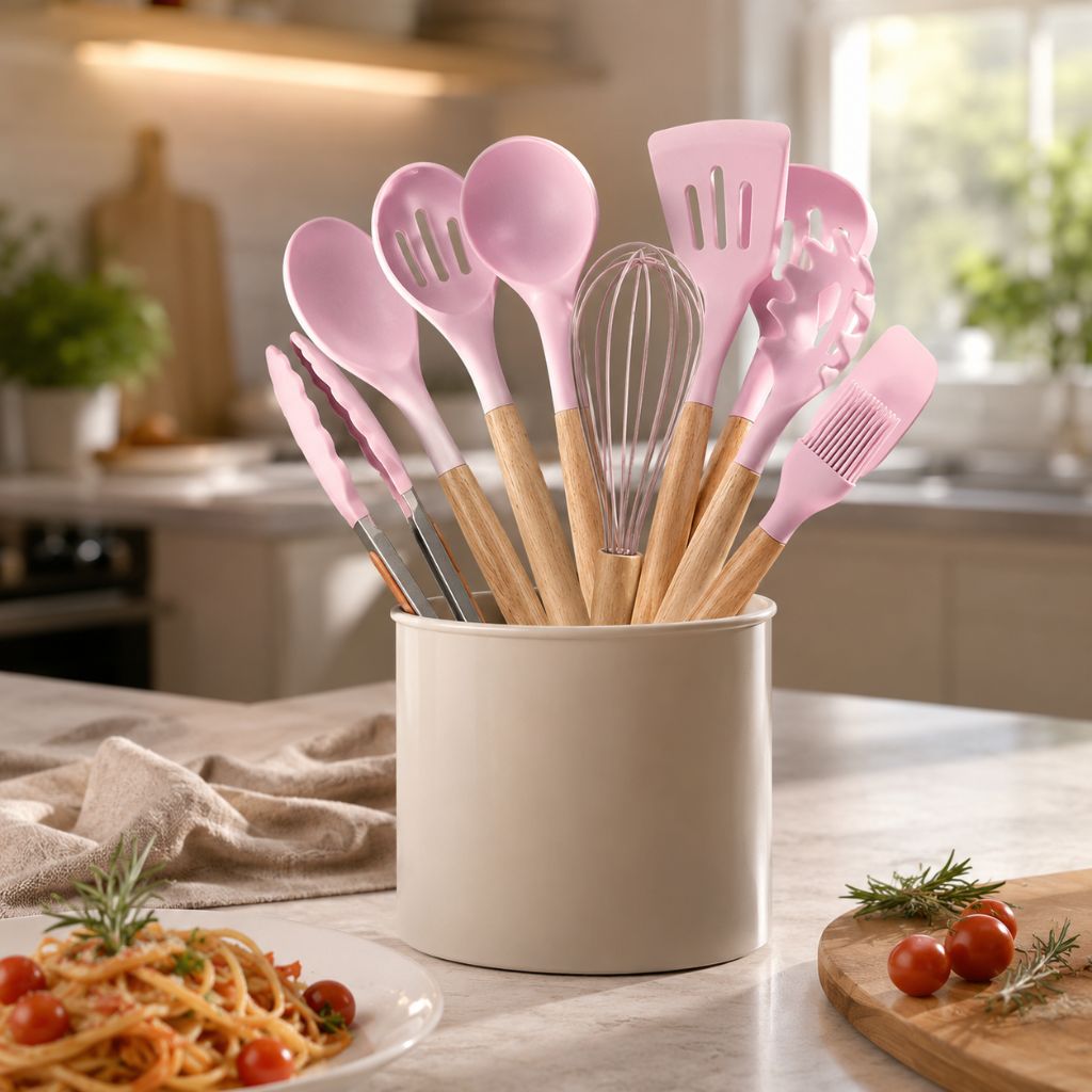 11-Piece Silicone Kitchen Utensil Set with Natural Wood Handles – Heat-Safe to 450°F, Dishwasher Safe, Non-Stick Friendly Tool Kit for | Thomler