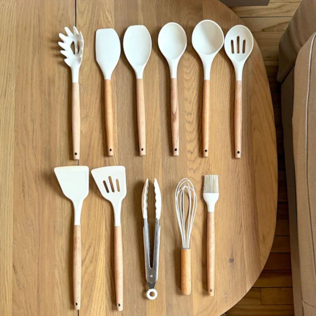 11-Piece Silicone Kitchen Utensil Set with Natural Wood Handles – Heat-Safe to 450°F, Dishwasher Safe, Non-Stick Friendly Tool Kit for | Thomler
