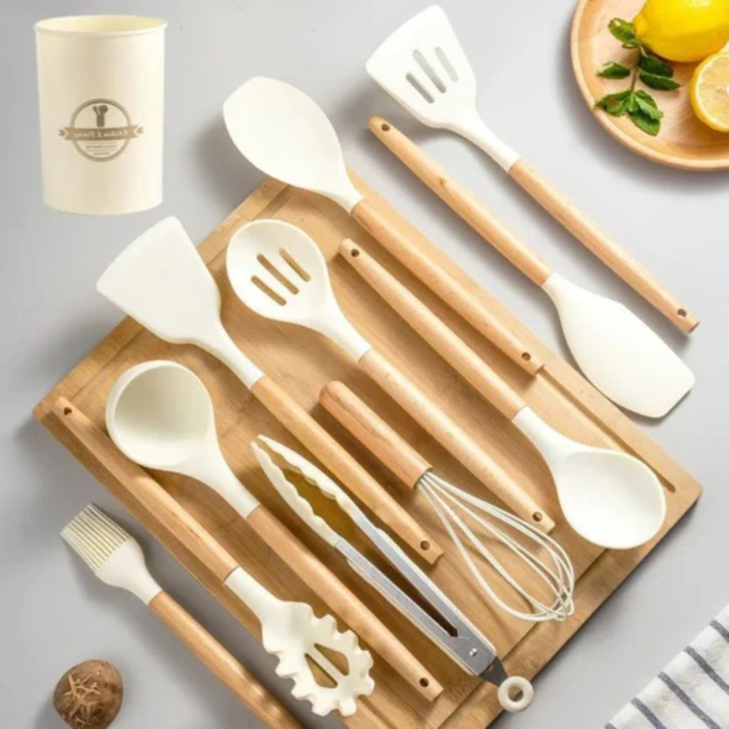 11-Piece Silicone Kitchen Utensil Set with Natural Wood Handles – Heat-Safe to 450°F, Dishwasher Safe, Non-Stick Friendly Tool Kit for | Thomler