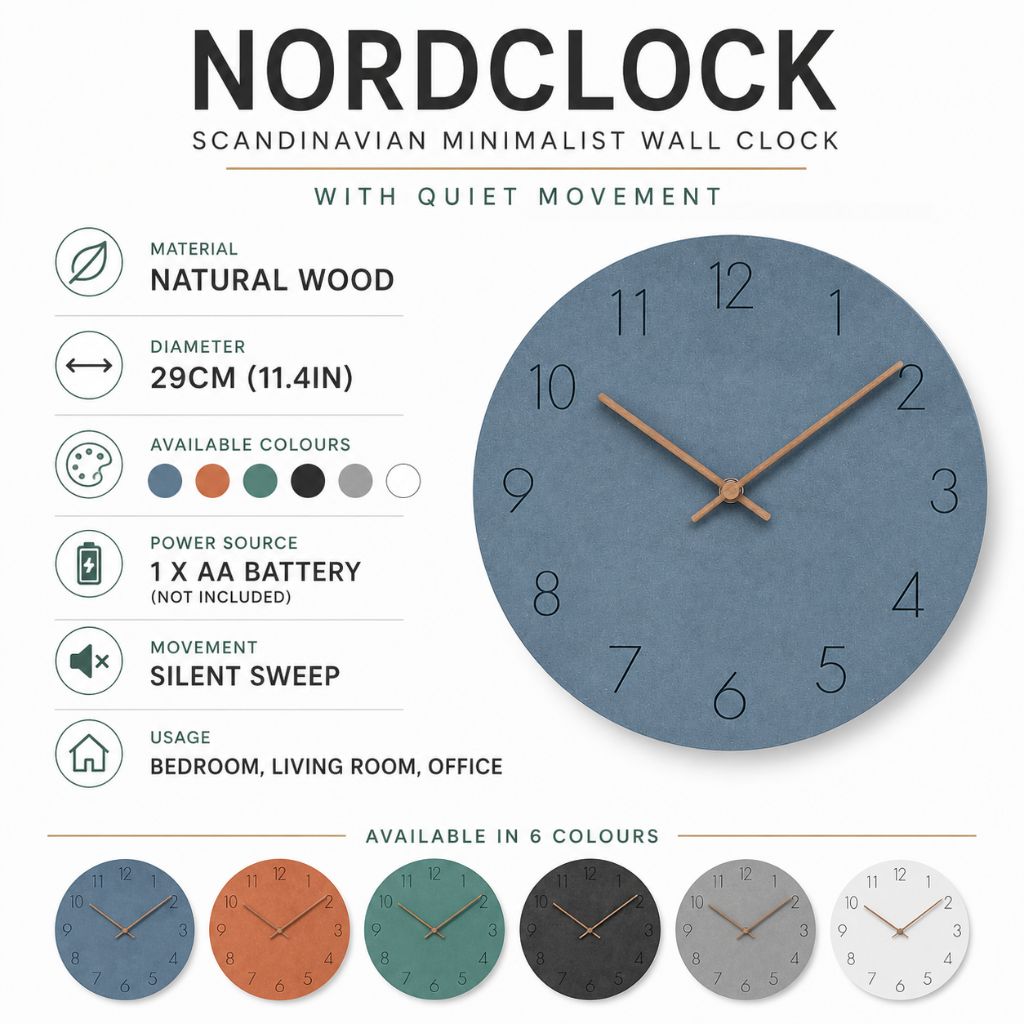 Silent Wall Clock 11.4 in Round Wood Frame Modern Home Décor for Bedroom Living Room Office Minimalist Timepiece | Thomler