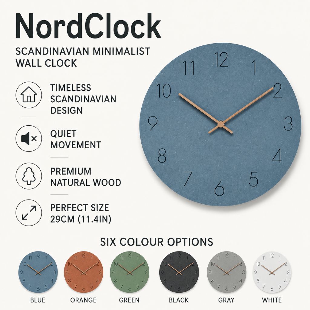Silent Wall Clock 11.4 in Round Wood Frame Modern Home Décor for Bedroom Living Room Office Minimalist Timepiece | Thomler
