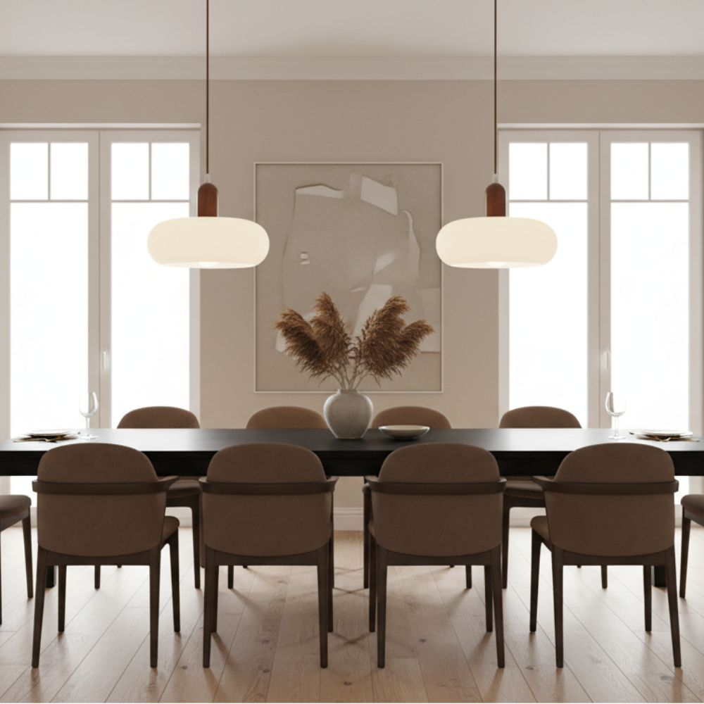 Pendant Light Ceiling Fixture with Cream Shade and Wood Accent for Dining Room, Kitchen Island, Bar Area & Living Space | Thomler