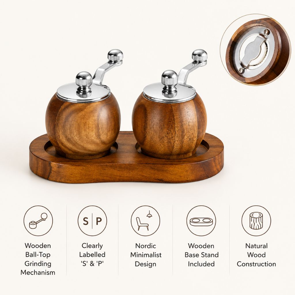 Wood Salt & Pepper Grinder Set with Stand Hand-Crank Mills for Kitchen Table Dining Countertop Seasoning Display | Thomler