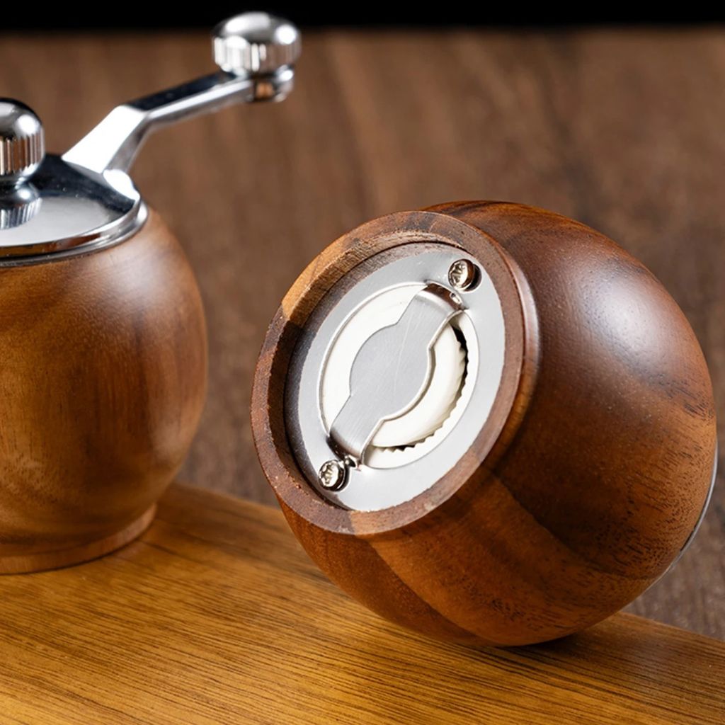 Wood Salt & Pepper Grinder Set with Stand Hand-Crank Mills for Kitchen Table Dining Countertop Seasoning Display | Thomler