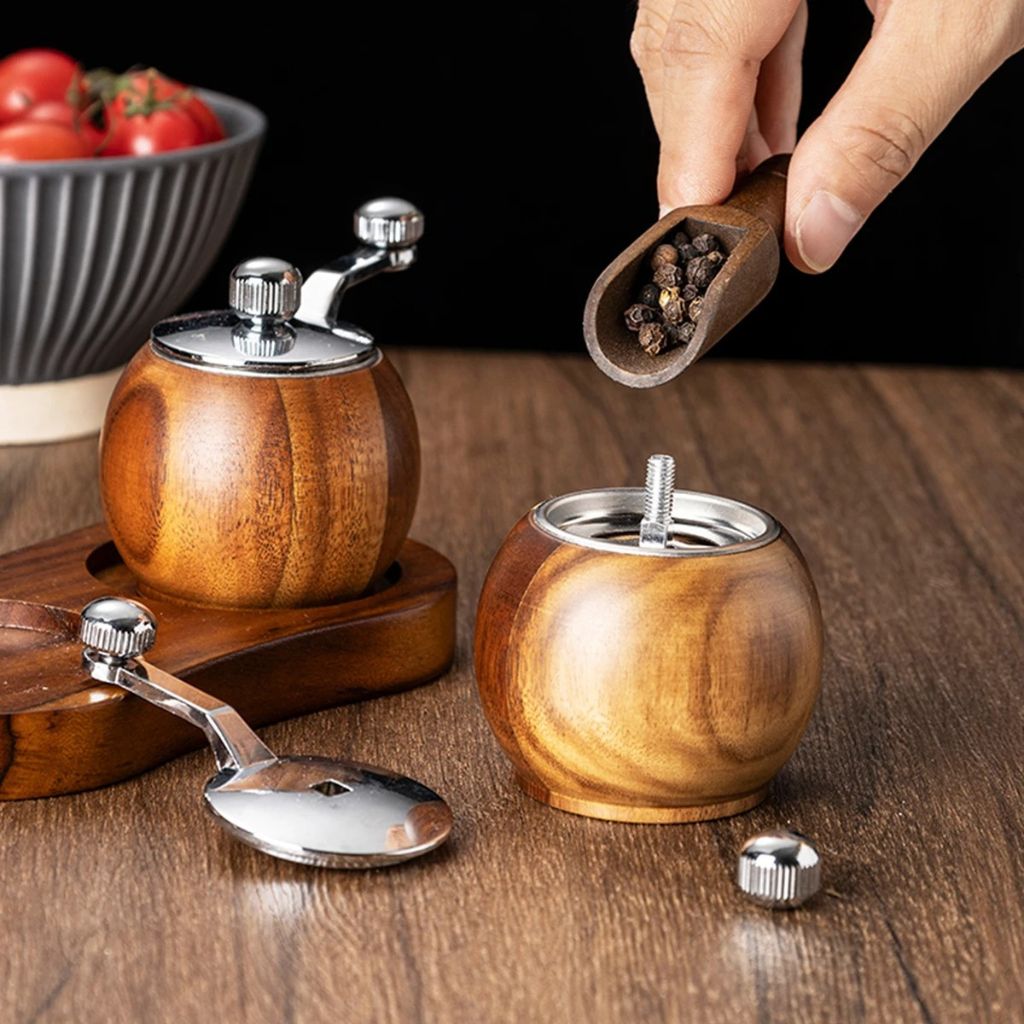Wood Salt & Pepper Grinder Set with Stand Hand-Crank Mills for Kitchen Table Dining Countertop Seasoning Display | Thomler