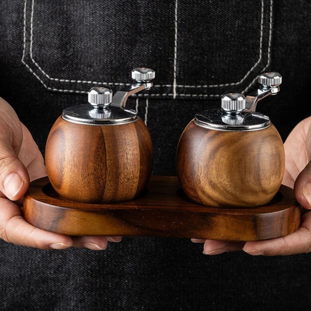 Wood Salt & Pepper Grinder Set with Stand Hand-Crank Mills for Kitchen Table Dining Countertop Seasoning Display | Thomler