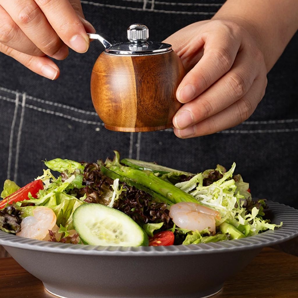 Wood Salt & Pepper Grinder Set with Stand Hand-Crank Mills for Kitchen Table Dining Countertop Seasoning Display | Thomler