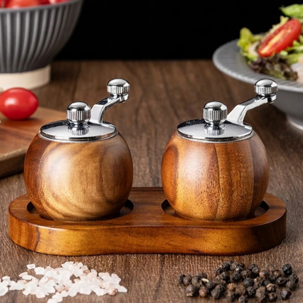 Wood Salt & Pepper Grinder Set with Stand Hand-Crank Mills for Kitchen Table Dining Countertop Seasoning Display | Thomler